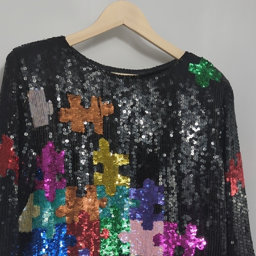 Vintage 80's Sequin Puzzle Piece Silk Colorful Blouse Glass Bead RARE Autism Med - Picture 6 of 16